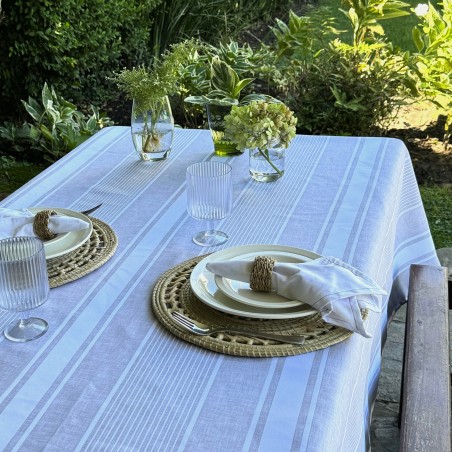 Pili Deco.Mantel antimanchas Raya griega blanca lino