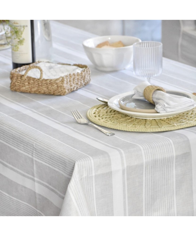 Mantel impermeable raya griega blanca lino | Pili Deco