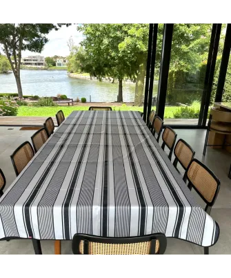 Mantel impermeable raya griega negra lino | Pili Deco